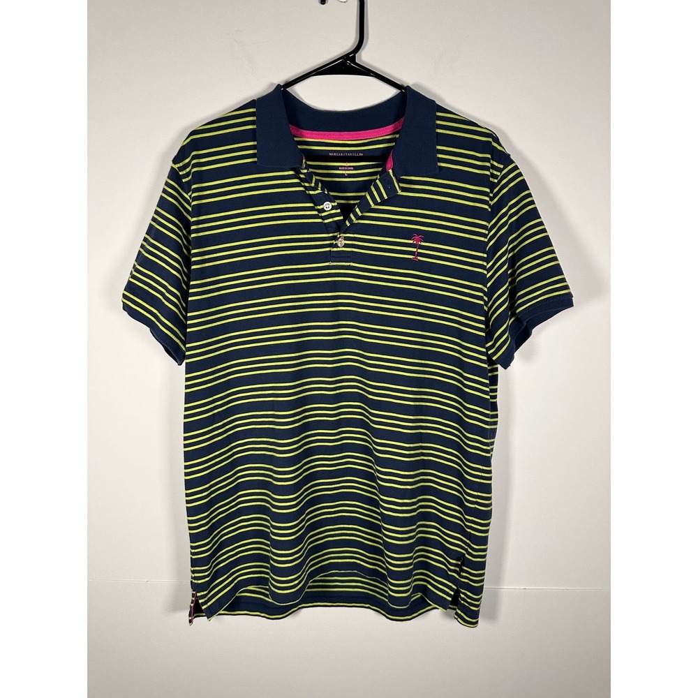 Margaritaville Polo Shirt Mens L Striped Navy Yellow Palm Embroidered